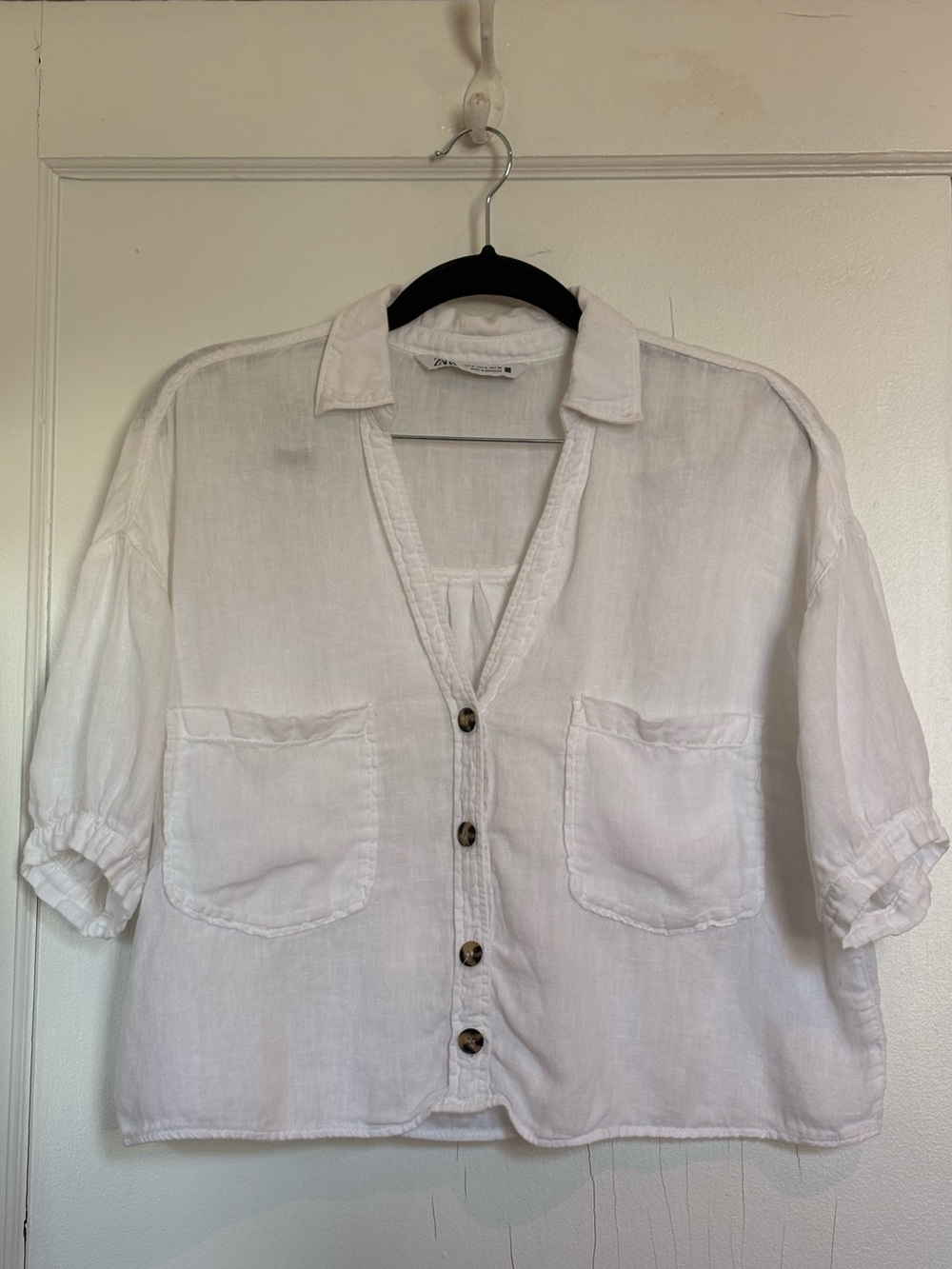 Zara White Linen Button-Down Pocket Blouse
